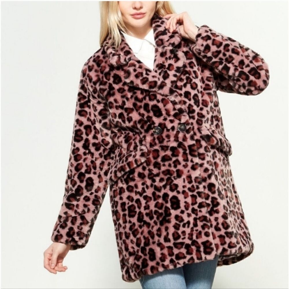 NEW Steve Madden faux‎ fur vegan pink leopard mob wife jacket coat M